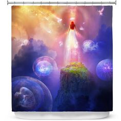 a woman standing on top of a hill surrounded by bubbles and stars shower curtain set