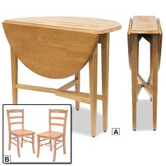 a wooden table with two chairs next to it and an image of the same chair