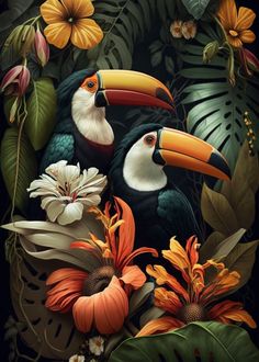 a toucan bird surrounded by tropical plants and flowers on a black background with yellow, orange, red, and white flowers