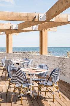 an outdoor dining area overlooking the ocean with blue and white striped chairs, tables and umbrellas