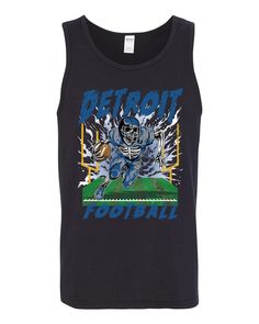 Detroit DET American Football Flaming Skeleton | Trendy Streetwear Fantasy Fan Sports Mens Tank Top   Pick a sport, any sport we've got you covered. From Football and Baseball to Table tennis and Horseback Riding whatever your passion we have a cool design for you to wear while to showing off your skills   * TOP QUALITY: Our shirts are made with a soft, pre-shrunk 50/50 cotton/polyester blend, ensuring maximum comfort and durability. We also use the newest, high-tech printing techniques available, guaranteeing the finest print on the market.   * EASY CARE: Care for your t-shirts with ease, simply machine wash inside-out, cold with like colors. No complicated care instructions needed!    * SIZES AVAILABLE: Our t-shirts are designed to fit just about everyone, (S-5X) and our unique size char Black Activewear For Sports Events With Graphic Print, Athletic Fit Sportswear With Graphic Print, Athletic Fit Graphic Print Activewear, Athletic Fit Activewear With Graphic Print, Blue Graphic Print Activewear For Sports, Athletic Fit Sports Activewear With Graphic Print, Sporty Printed Activewear For Streetwear, Graphic Print Sportswear For Sports, Black Graphic Print Activewear For Sports Season