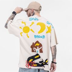 Creative Graffiti Oversized Graphic Tee  Material: 95% Cotton+5% Spandex  Size :M, L, XL Color: Beige  Occasion: Outdoor, Daily,  Vacation, Rap, Dance Rap Dance, Oversized Graphic Tee, Graffiti Prints, Spring Summer 2023, Oversized Tee, Mens Graphic Tee, Summer 2023, Cotton Style, Mens Tees