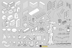 an illustrated diagram of the various rooms and furniture in a house, including a tree