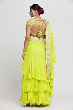 Lime green ruffle pre-draped saree with thread, sequin, gota embroidery in floral pattern on border. Paired with embroidered padded blouse. - Aza Fashions Gopi Vaid, Gota Embroidery, Ruffle Sarees, Saree Georgette, Draped Saree, Green Thread, Ruffle Saree, Padded Blouse, Drape Saree