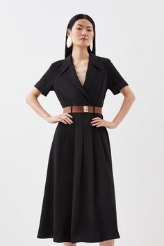 An Ode To Sophistication And Timeless Design, Soft Tailoring Immerses This Dress With Short Sleeves, A Notched Collar And Waist Belt Adding Touches Of Refinement Above And A Graceful Skirt That Flows To A Midaxi Hemline Below. Perfect For Emanating Poise At Professional Events And Special Occasions Alike.Soft Tailoringshort Sleevednotched Collar And Waist Belt Black Dress Corporate, Notched Collar Dress, Fit And Flare Dress With Sleeves, Belt With Dress, Architect Outfit, Dresses For The Office, Tailoring Dress, Professional Dresses For Work, Black Dress With Belt