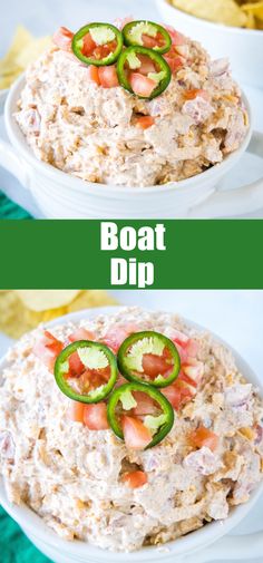 two pictures showing different types of dips in white bowls with green peppers and sliced jalapenos