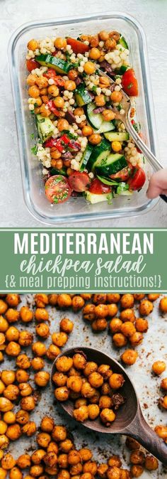 the meal is prepared and ready to be eaten with text overlay that reads mediterranean chickpea salad & meat frieding instructions