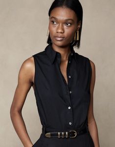 Casual Sleeveless Shirt For Work, Chic Sleeveless Cotton Shirt, Classic Cotton Tank Top For Work, Chic Cotton Tank Top For Work, Classic Cotton Sleeveless Tank Top, Cotton Sleeveless Blouse For Work, Elegant Sleeveless Shirt For Workwear, Classic Sleeveless Summer Shirt, Elegant Sleeveless Shirt For Summer