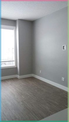 an empty room with gray walls and wood flooring in the foreground is a window