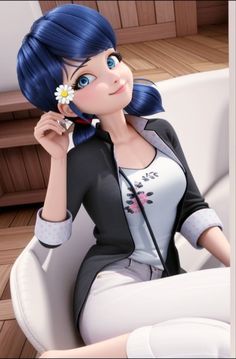 a woman with blue hair is sitting on a couch and holding a flower in her hand