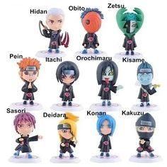 many different anime figurines are shown in this image, with the names on them