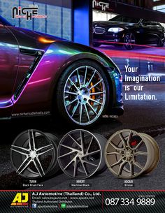 an advertisement for a car show featuring wheels and rims