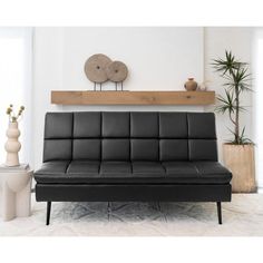 Felix High Performance Faux Leather Convertible Sofa - Living Room - Felix Black Leather Futon, Leather Futon, Sofa Bed Sleeper, Comfortable Couch, Faux Leather Sofa, Flexible Space, Minimalist Silhouette, Queen Mattress Size, Convertible Sofa