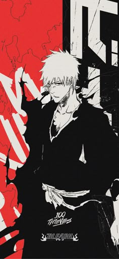 an anime character with white hair and black eyes sitting in front of a red background