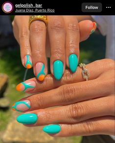 Turqoise Nails Design, Turquoise And Orange Nails, Summer Nails Plain Colors, Orange And Teal Nails, Summer Nails Plain, Turquise Nails, Trending Summer Nails 2023, Flower Summer Nails, Malibu Vibes