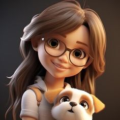 a woman holding a dog in her arms and looking at the camera while wearing glasses