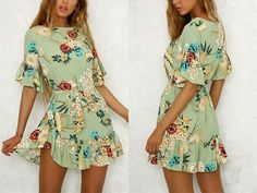 This lovely floral mini dress features butterfly ruffled sleeves, a cinched waist with a sash belt and a ruffled hem falling mid-thigh. This simply chic dress pairs perfectly with wedges or sandals for a sassy but sweet Spring and Summer look. Made with a polyester and chiffon blend and comes in two fabulous colors from which to choose.