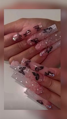 Fairy Nails Acrylic Long, Water Drop Nails Acrylic, Baddie Birthday Nails Long, Acrylic Nails With Rhinestones, Nail Designs Bling, Diy Acrylic Nails, Butterfly Nail Art, Drip Nails