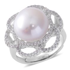 Freshwater Pearl, Simulated Diamond Silvertone Ring (Size 7.25) White Pearl Ring, Embroidered Photo, Faux Fur Stole, Mesh Bracelet, Jewelry Case, Ring Size 7, Pearl Ring, White Pearl, Rings Statement