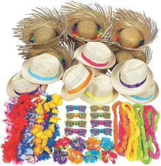 several hats and bracelets are arranged on a white background