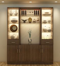 a display case with glass doors and shelves filled with plates, bowls and vases