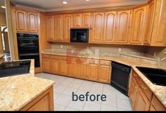 an empty kitchen with wooden cabinets and granite counter tops before and after remodeling