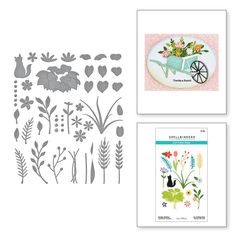 the stamp and stencil set includes flowers, leaves, and a wheelbarrow