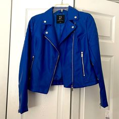 Faux-Leather Asymmetrical Moto Jacket Size Extra Small New W/ Tags Royal Blue Blue Trendy Leather Jacket For Spring, Trendy Blue Leather Jacket With Zipper, Trendy Blue Leather Jacket With Zipper Closure, Blue Spring Biker Jacket For Work, Blue Biker Jacket For Spring Workwear, Blue Biker Outerwear For Spring, Chic Blue Leather Jacket With Zipper, Chic Blue Leather Jacket With Zipper Closure, Spring Blue Biker Jacket