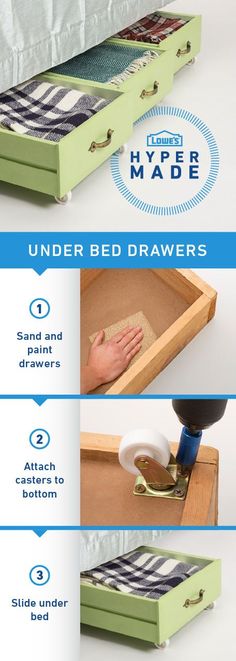 the instructions for how to make a diy under bed drawer with wood and fabric