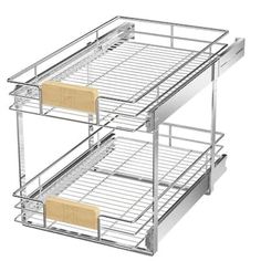 two metal shelves with drawers on each side