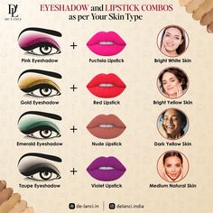 Eyeshadow and lipstick combos according to your skin type Eyeshadow Lipstick Combo, Makeup Ideas Eyeshadows Colorful, Makeup Combinations, Bronzer Makeup Tutorial, Lip Ideas, Lipstick Guide, Fall Eyeshadow, Mac Cosmetics Eyeshadow