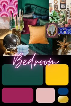 Emerald Green Yellow Pink Bedroom, Hot Pink Emerald Green Room, Emerald Green Orange Color Palette, Emerald Green Eclectic Bedroom, Pink And Emerald Green Bedroom Boho, Emerald Green And Yellow Color Palette, What Colors Go With Mustard Yellow, Emerald Green And Fuschia Bedroom, Emerald Green Maximalist Bedroom