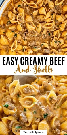 an easy creamy beef and shells casserole in a skillet with text overlay