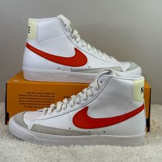 New Nike Blazer Mid 77 Vintage Size Mens 9 = Women’s 10.5 Color White, Picante Red,Coconut Milk Leather And Synthetic Upper, Foam On Tongue For Throwback Look, Rubber Outsole With Herringbone Pattern For Excellent Traction Brand New, Never Worn, With Box No Lid 100% Authentic Nike Retro White Custom Sneakers, Nike Retro Custom White Sneakers, Retro Nike Custom White Sneakers, Retro White High-top Sneakers With Cushioned Footbed, Casual White High-top Sneakers Medium Fit, Retro White Lace-up Custom Sneakers, White Retro Lace-up Custom Sneakers, White Lace-up Retro Custom Sneakers, Casual White High-top Sneakers With Red Sole