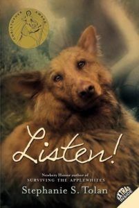 a dog with the words listen written on it