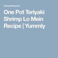 one pot teriyaki shrimp lo mein recipe with the title in white on a blue background