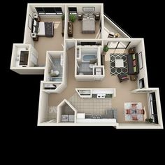 the floor plan for a two bedroom apartment with an attached kitchen and living room area