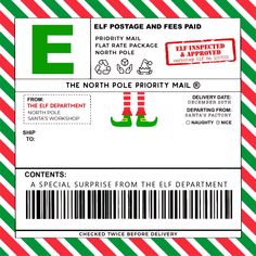 an elf's christmas party ticket for the north pole priority mail