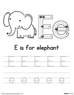 an e is for elephant worksheet with the letter e in it's center