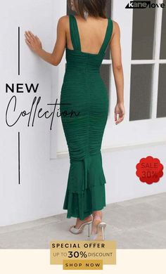 Solid Color High Waist Pleated Mermaid Dress Green Strapless Mermaid Dress, Green Fishtail Maxi Dress For Party, Green Strapless Fitted Mermaid Dress, Green Fitted Fishtail Maxi Dress, Fitted Green Fishtail Maxi Dress, Fitted Green Fishtail Dress, Green Mermaid Hem Dress, Green Strapless Mermaid Dress For Party, Strapless Green Mermaid Dress For Party