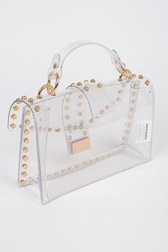 Metal Studded Transparent Crossbody Bag Clear crossbody strap included 8.5" wide x 6" high x 2.5" deep Polyurethane & Mixed Metal Studded Bag, Clear Bag, Bold And The Beautiful, Modern Wardrobe, Transparent Design, Clear Bags, Mixed Metals, Crossbody Strap, Clear Crystal