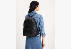 Style meets function with our large Hudson Backpack. Made from luxe pebbled leather it holds all your essentials (even a 13-inch laptop!) while maintaining a sleek look. | Kate Spade Hudson Large Backpack, Black Luxury Kate Spade Leather Backpack For On-the-go, Luxury Elegant Kate Spade Backpack, Kate Spade Black Backpack, Trim Styles, Festival Shop, Large Backpack, Sleek Look, Black Backpack, Summer Essentials