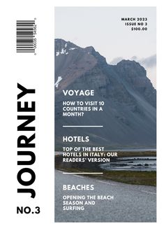 the front cover of journey magazine, featuring an image of mountains in the background and text