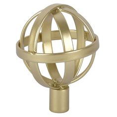 a gold colored metal ball on a stand with two rings around the base and one ring at the top