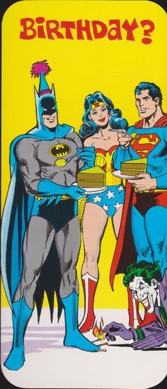 an image of batman birthday card with two women and one man holding a cake in front of them