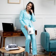 "PRODUCT DETAILS: Look empowered in this sly blue pant suit and enhance your charisma in those important meetings. Exhibit your styling prowess by picking this sky blue pant suit for women that will never fail to please. Crafted from Poly Viscoso fabric, it is breathable, soft and wrinkle-free. SIZE : Model Height is 5'7\" and is wearing size Small MATERIAL & CARE :  Made in Polyester and Cotton blend Fabric with anti wrinkle property Wash : Dry Clean Recommended 🍄 SIMILAR PRODUCT: https://www. Pant Suit Plus Size, Wedding Pant Suit, Tailored Suit Women, Pant Suit For Women, Plus Size Pant Suits, Formal Pant Suits, Wedding Pants, Pant Suits For Women, Dress Pant Suit