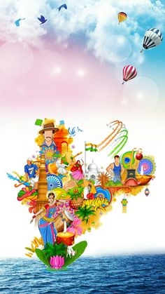 the map of india is made up of many colorful objects and people flying kites