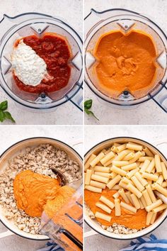 four pictures showing how to make pasta in a blender and then adding sauces