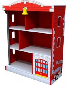 a toy fire station with red and white walls, shelves and a bell on the roof