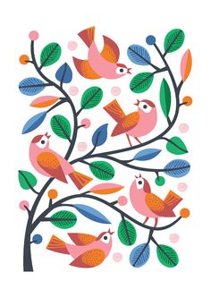 birds are sitting on the branches of a tree